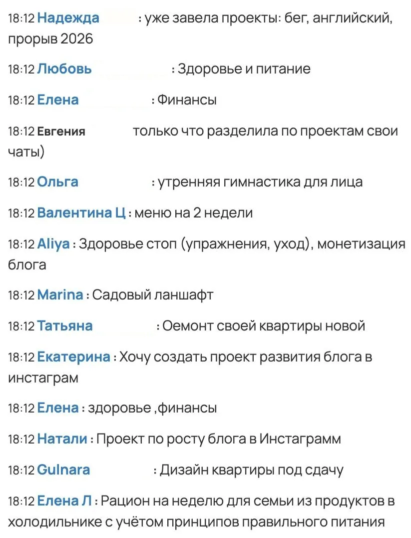 Участники перечисляют проекты, которые уже завели