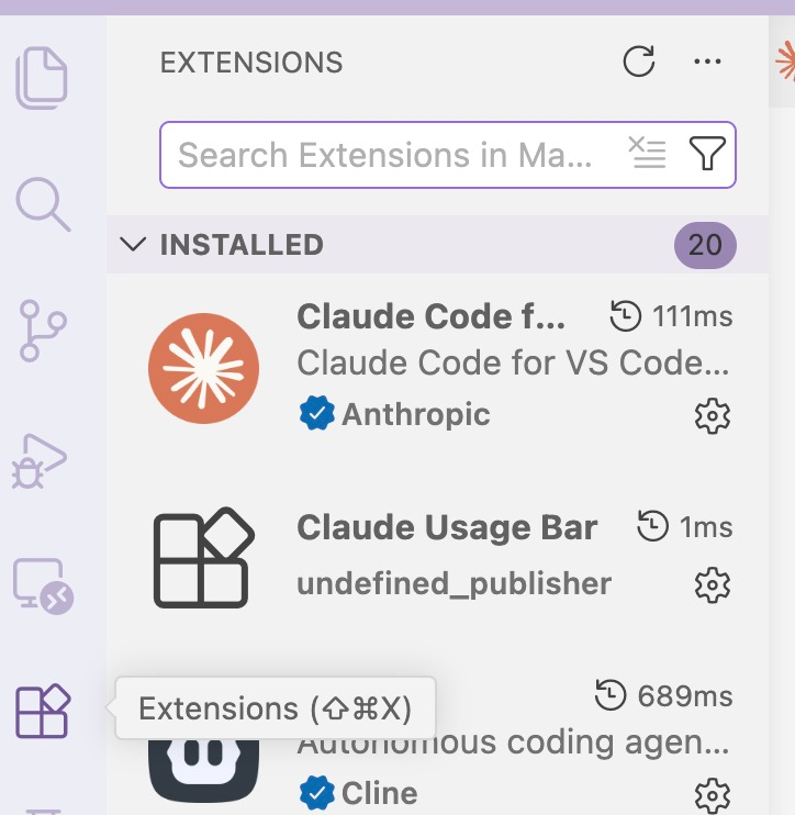 Панель Extensions в VS Code, расширение Claude Code от Anthropic с синей галочкой