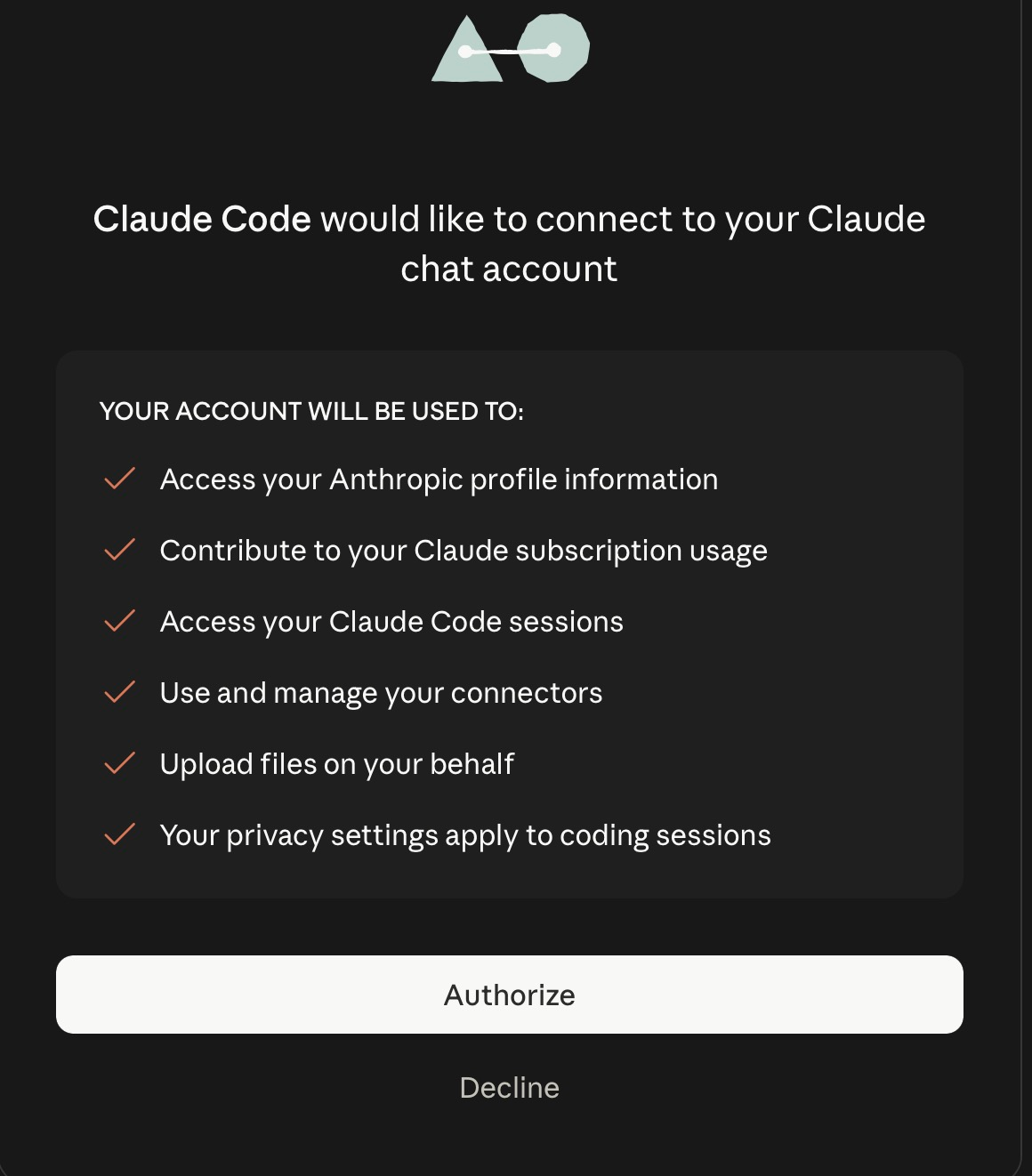 Экран авторизации Claude Code с белой кнопкой Authorize и серой кнопкой Decline
